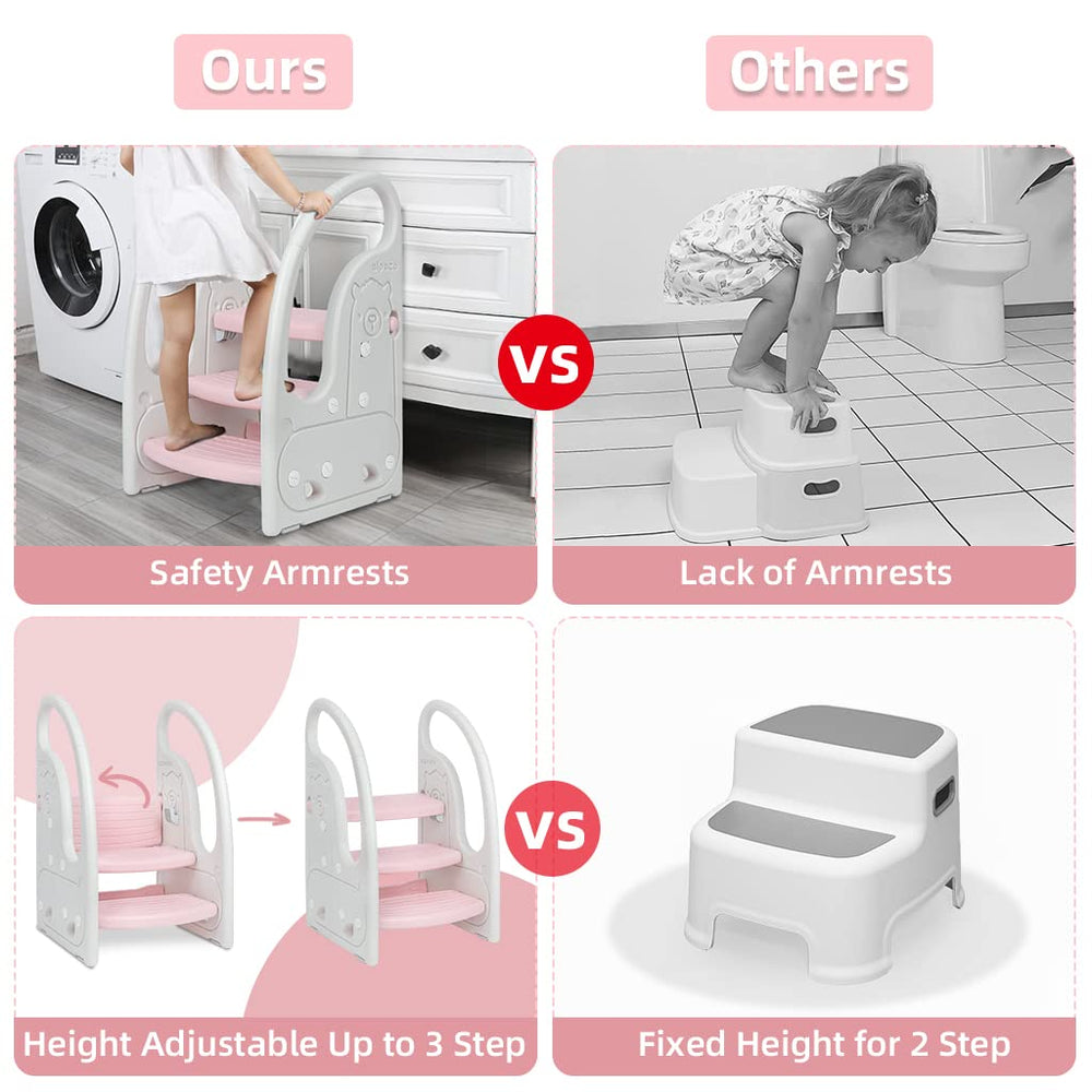 Onasti non-toxic plastic toddler stool emphasizes child-safe materials.