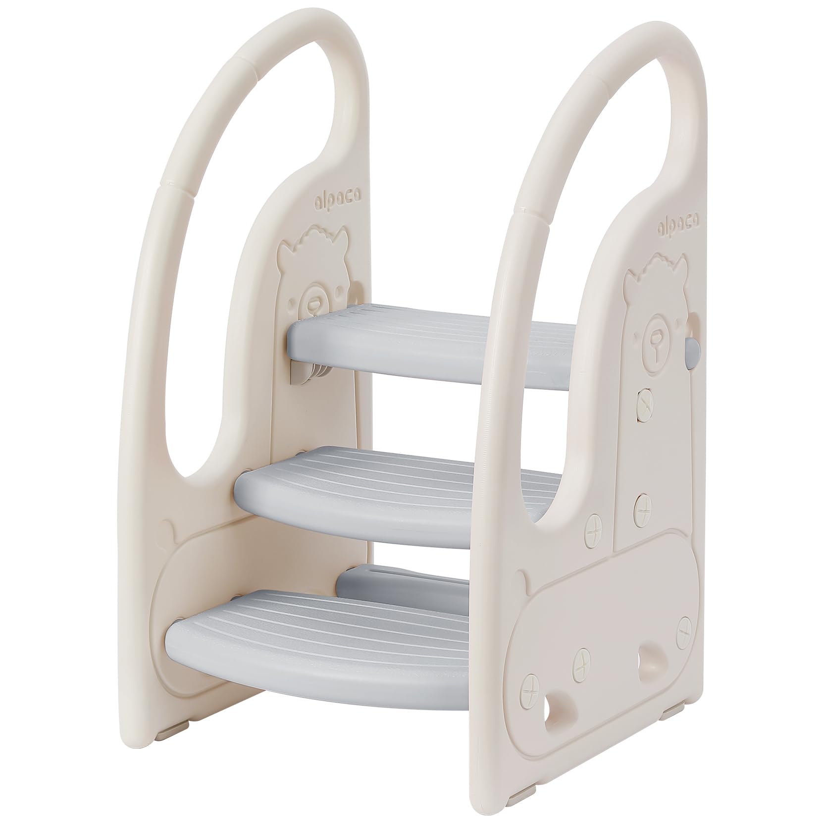 Onasti toddler 3-step stool grey-white side view demonstrates stable support for kids
