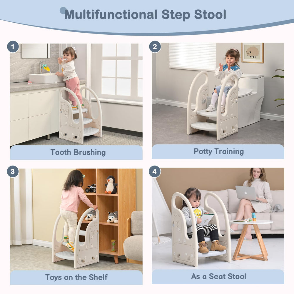 Onasti toddler 3-step stool top panel convertible to a 2-step configuration for versatility