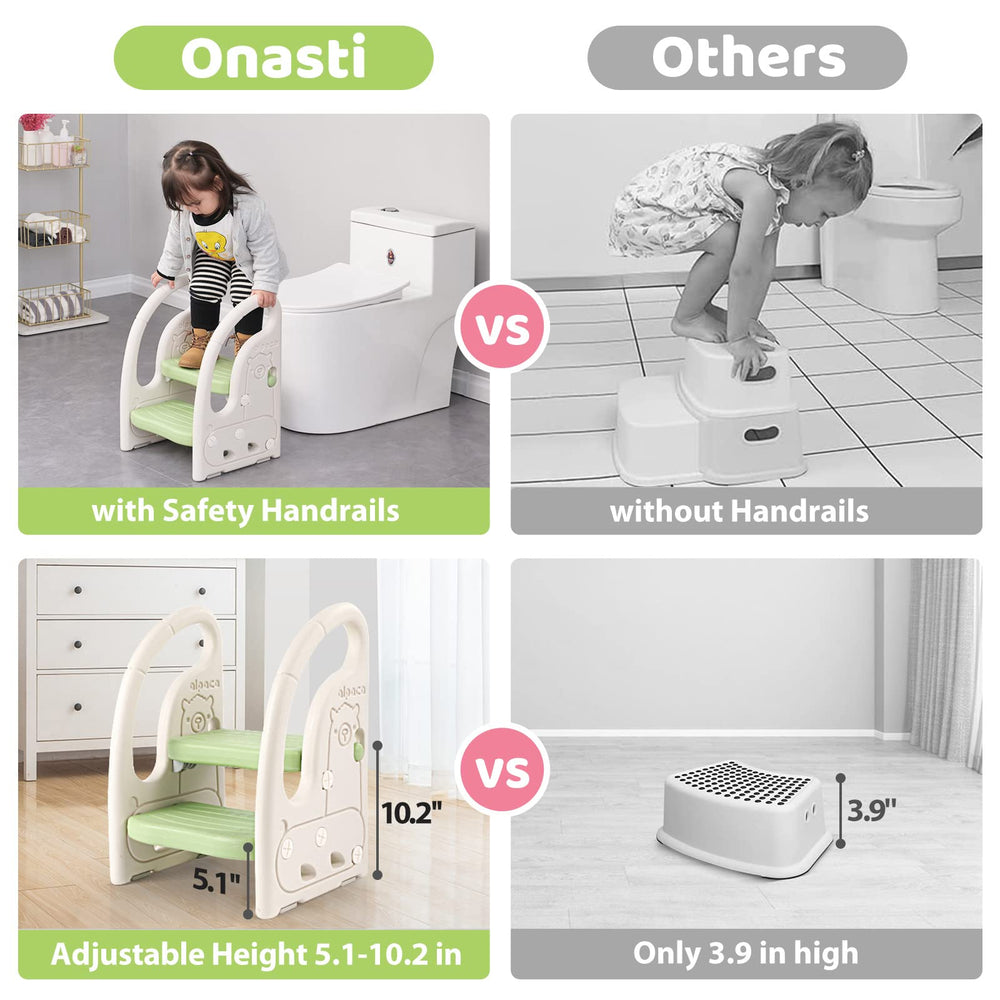 Onasti toddler stool showing non-toxic PE material and BPA-free safety.