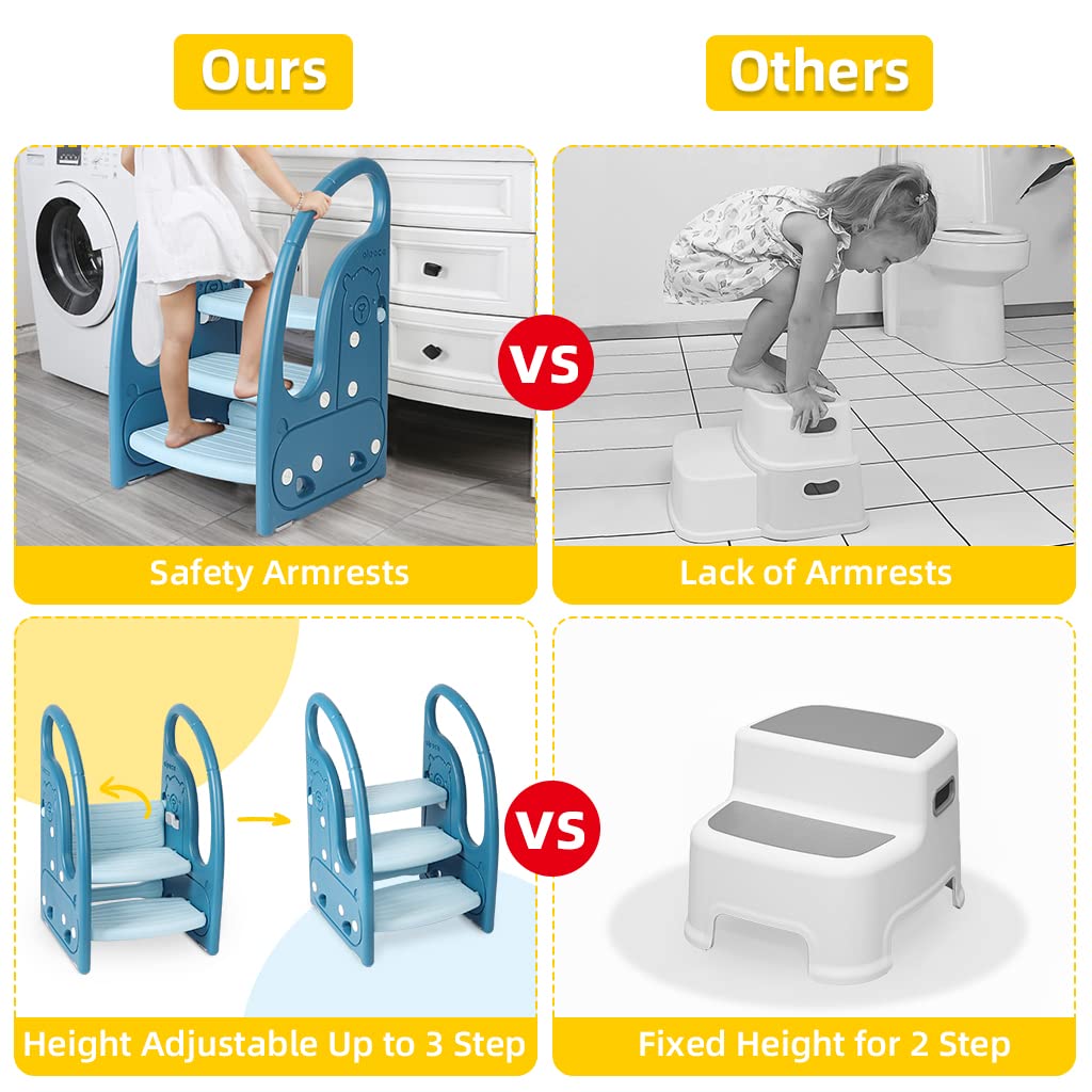 Onasti toddler step stool blue armrests provide easy grip and extra support.