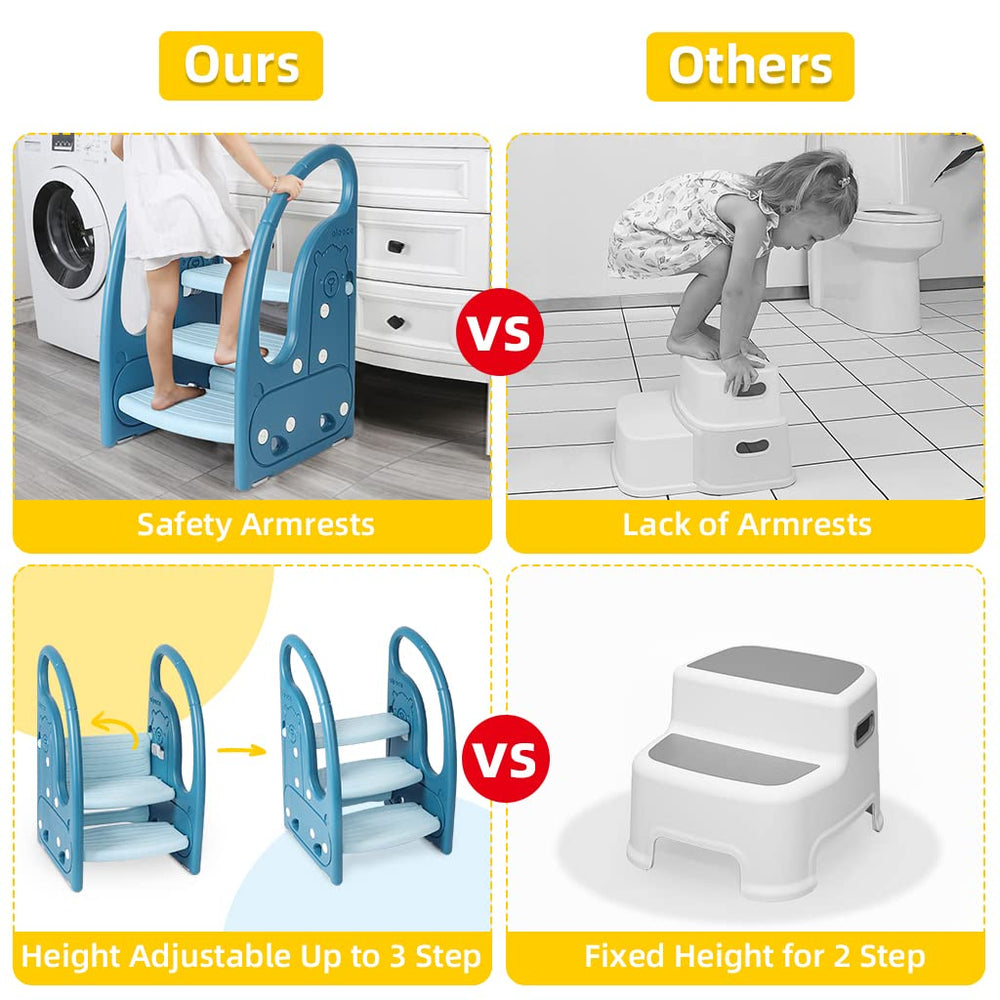 Onasti toddler step stool blue armrests provide easy grip and extra support.