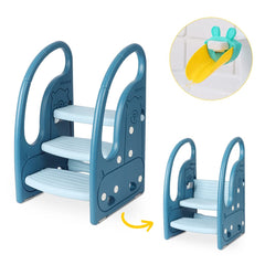 Onasti toddler step stool blue base and handles emphasize stability for safe climbing.