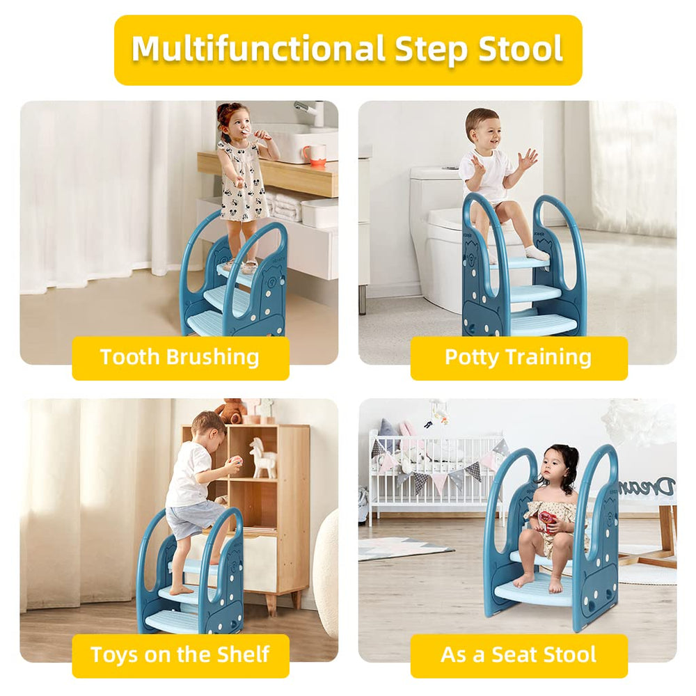 Onasti toddler step stool blue side view highlights sturdy structure and compact footprint.