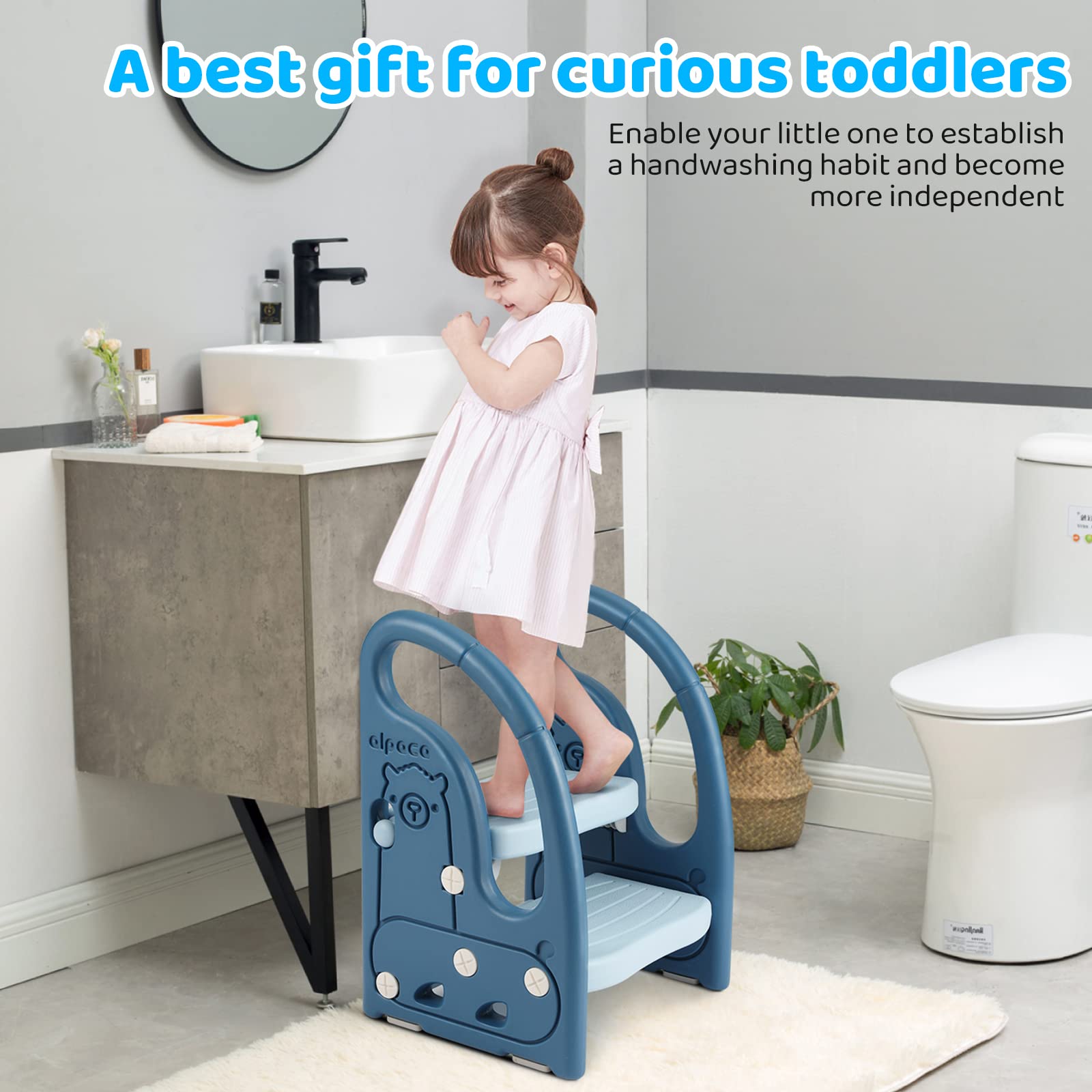Onasti two-step stool supports reaching kitchen counters or bedside surfaces.