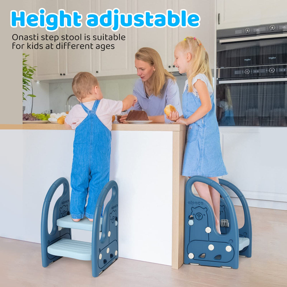 Onasti toddler stool convertible top shows 2-step to 1-step transition for growing kids.