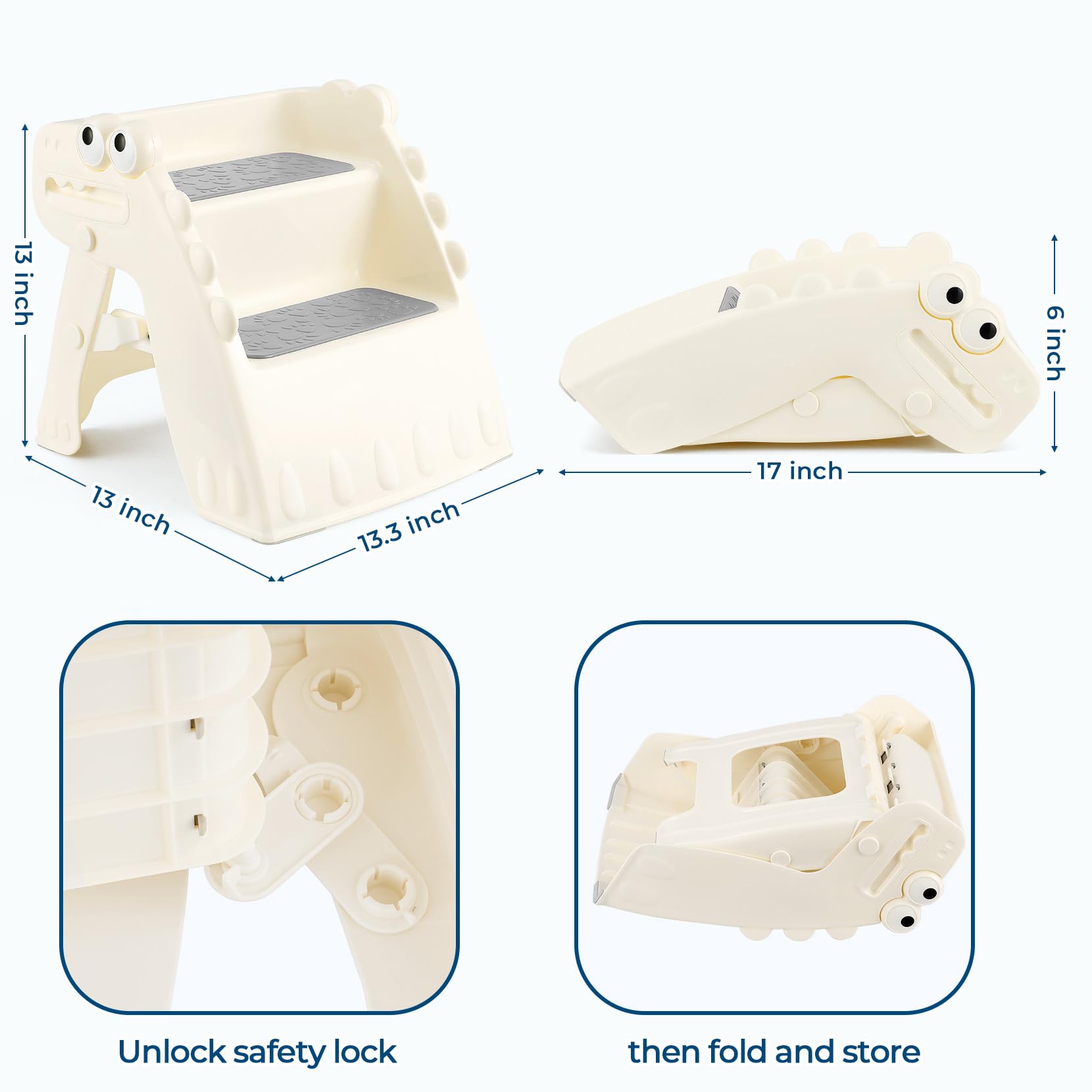 Onasti toddler step stool folds flat for quick storage.