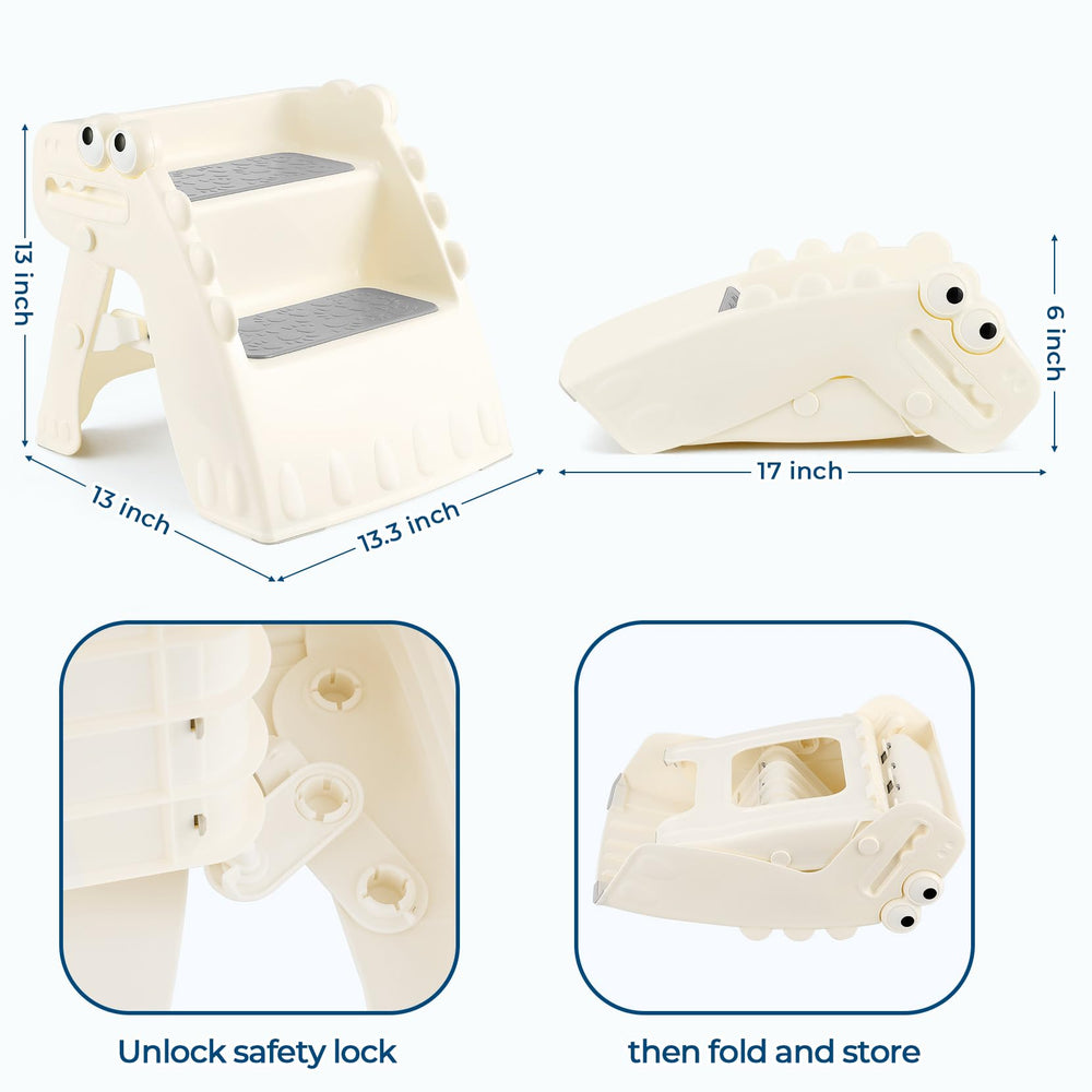Onasti toddler step stool folds flat for quick storage.