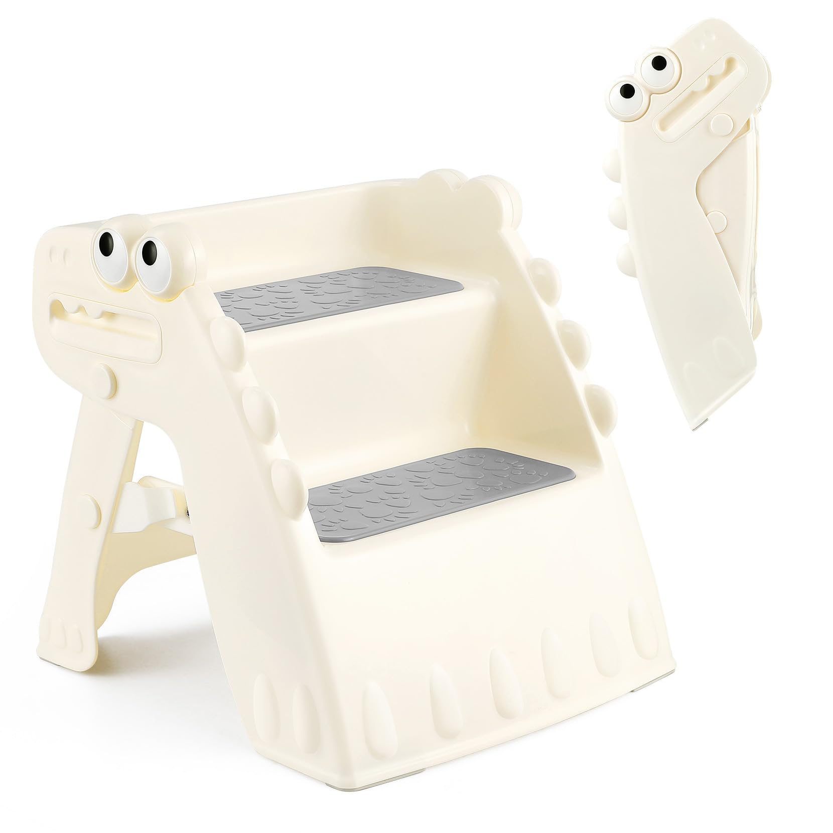 Onasti toddler step stool folded, compact storage after use.