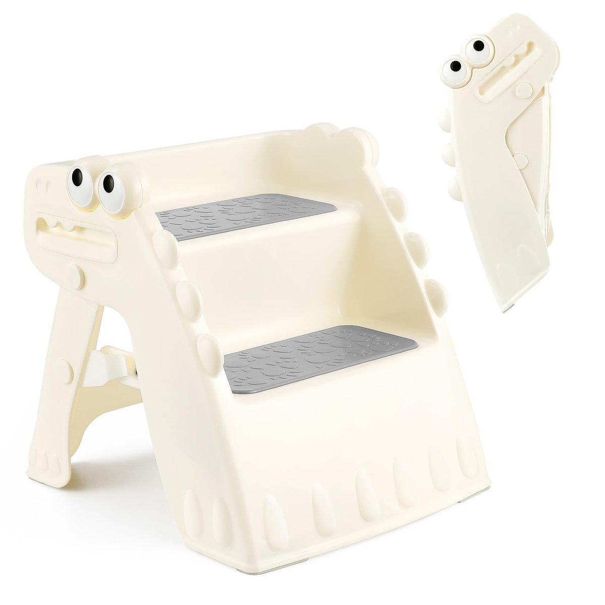 Onasti toddler step stool folded, compact storage after use.