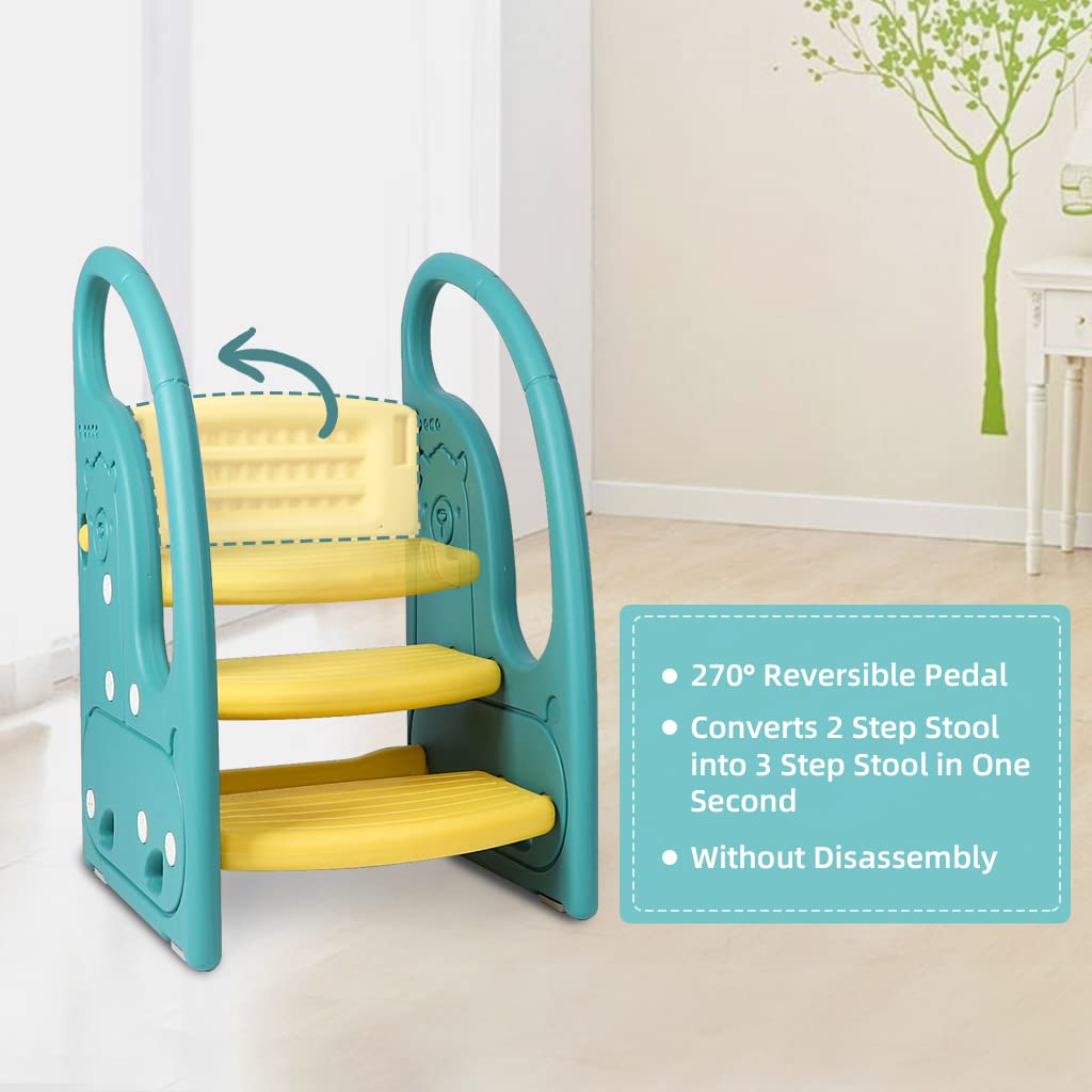 Onasti toddler step stool green in use at kitchen sink encouraging independent tasks
