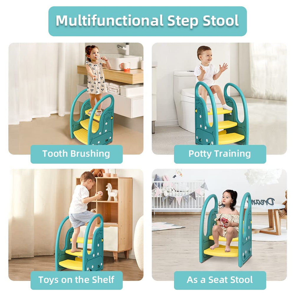 Onasti toddler step stool green top panel conversion illustrates 3-in-1 to 2-in-1 versatility