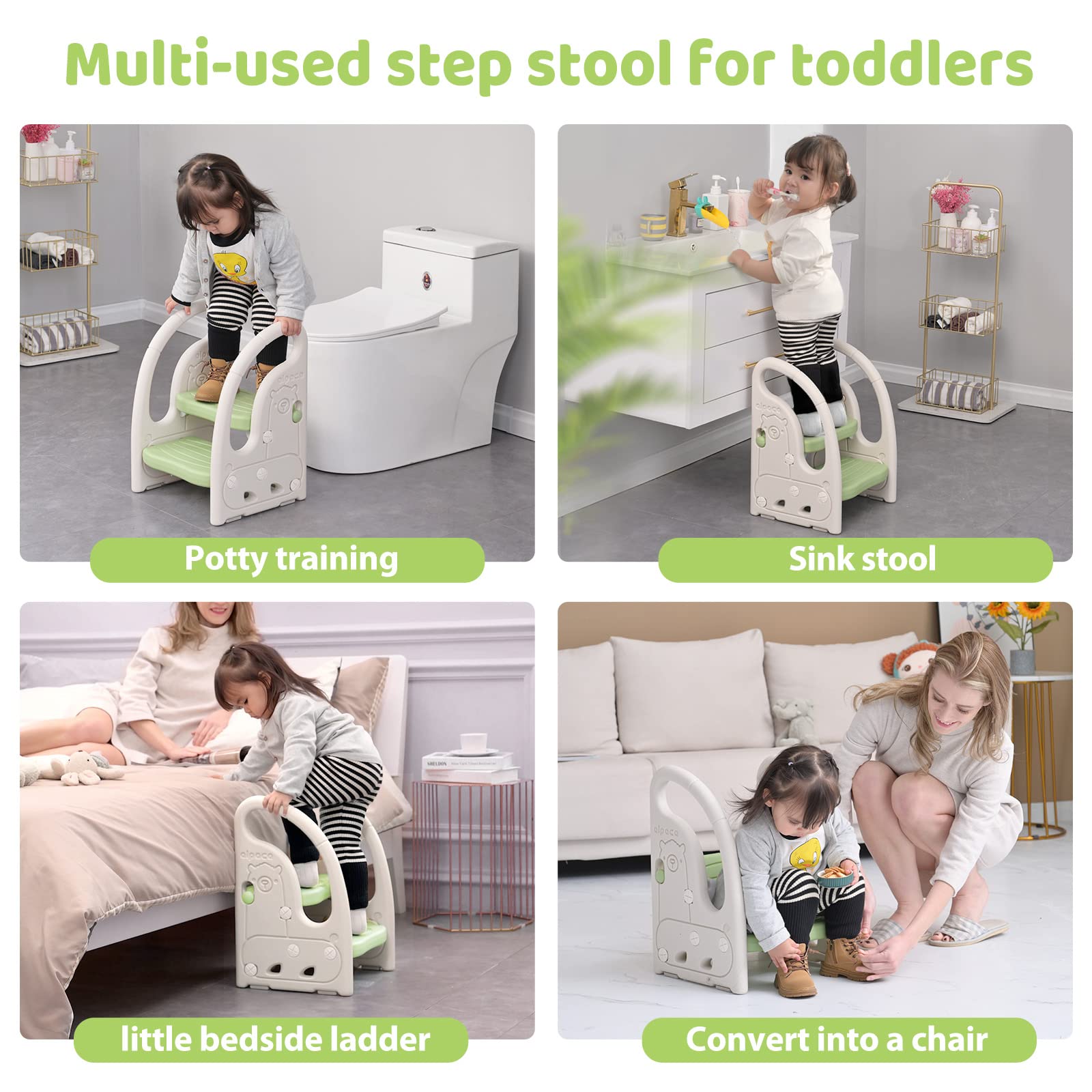 Onasti toddler step stool with handles, close-up on dual grip for safe climbing.