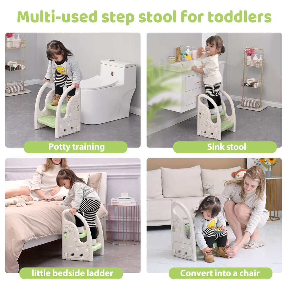 Onasti toddler step stool with handles, close-up on dual grip for safe climbing.