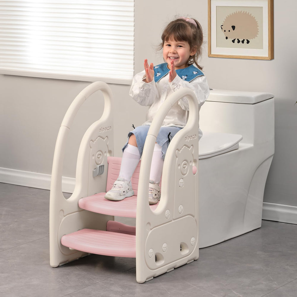 Onasti 3-step standing tower pink convertible top panel for quick stool-to-chair use.