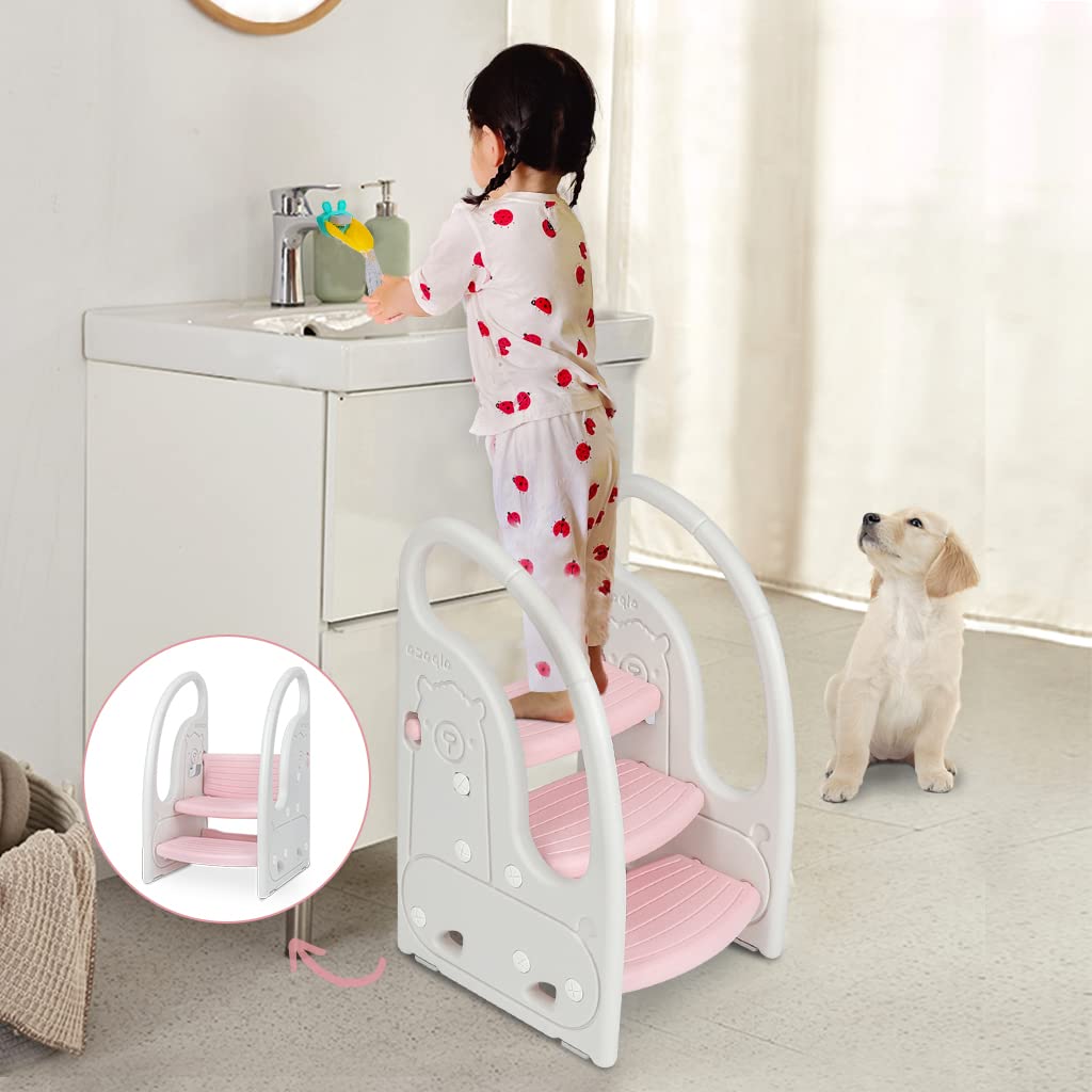 Onasti toddler step stool pink front view enables safe kitchen reach.