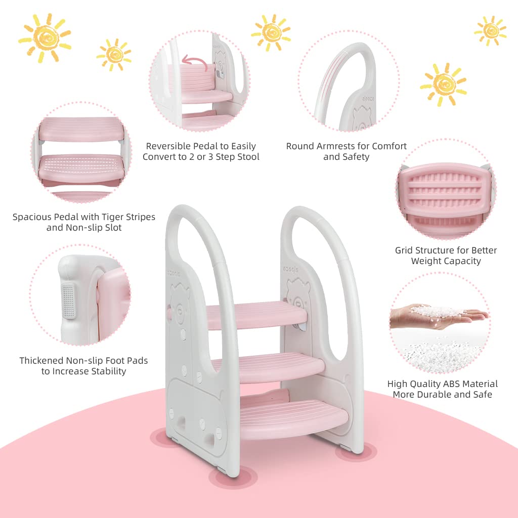 Onasti toddler stool with dual armrests provides supported climbs and holds safety.