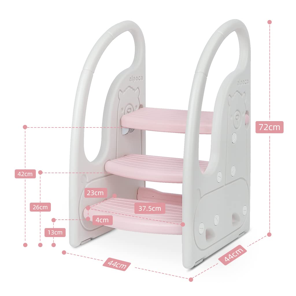 Onasti toddler stool at sink helps with easy hand-washing access.