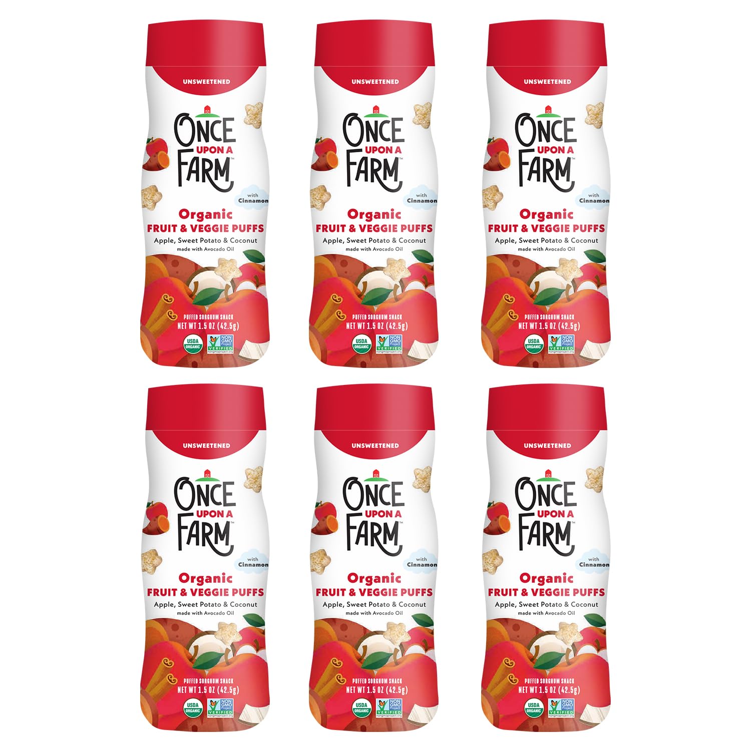 Once Upon A Farm canister of Apple-Sweet Potato-Coconut puffs ready for on-the-go snacking