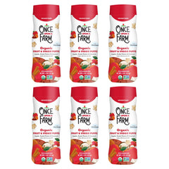 Once Upon A Farm canister of Apple-Sweet Potato-Coconut puffs ready for on-the-go snacking