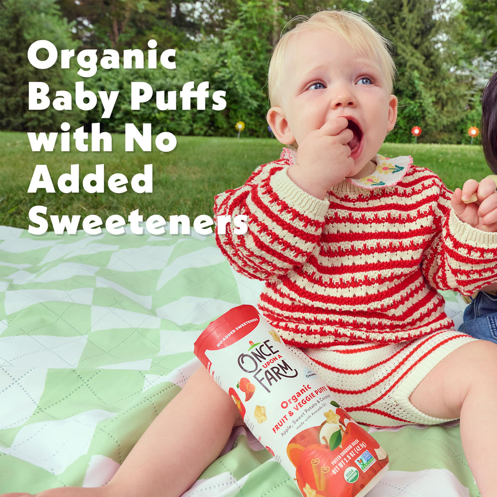 Serving idea photo with Once Upon A Farm puffs on highchair tray