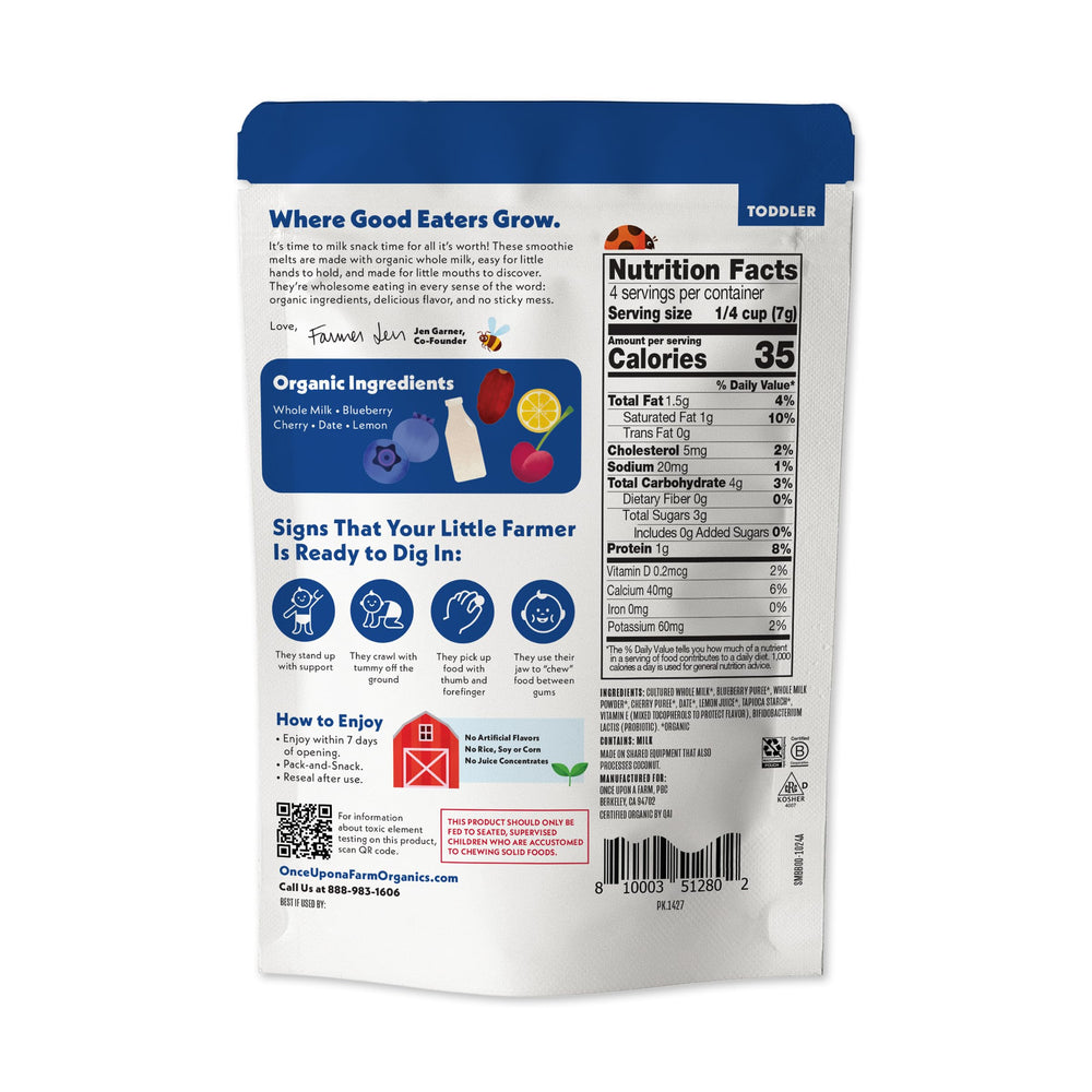 Once Upon A Farm blueberry-burst-melt serving—creamy milk with real fruit flavor