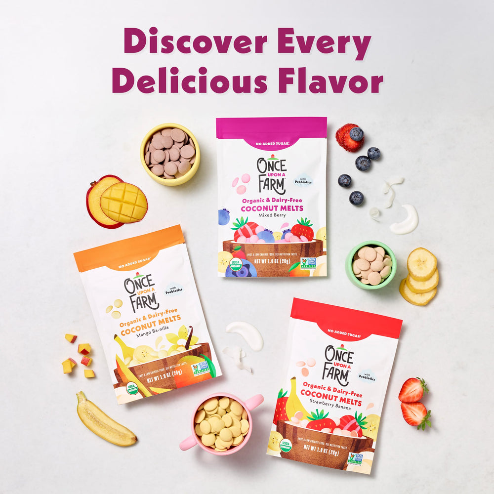 Once Upon a Farm toddler snack image emphasizes no added sugar