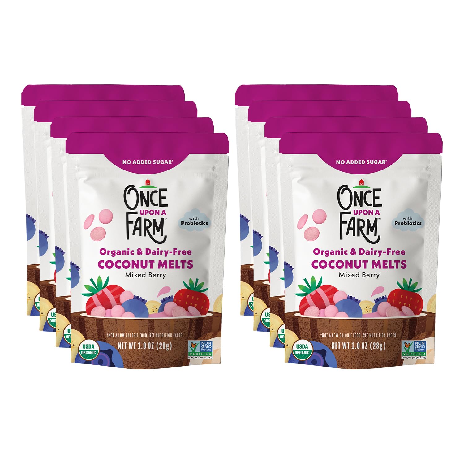 Once Upon a Farm coconut melts berry bag shows probiotic, dairy-free toddler snack on the go