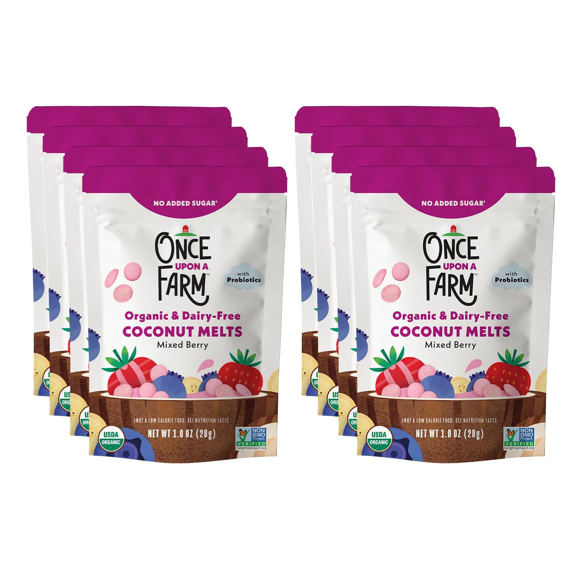 Once Upon a Farm coconut melts berry bag shows probiotic, dairy-free toddler snack on the go