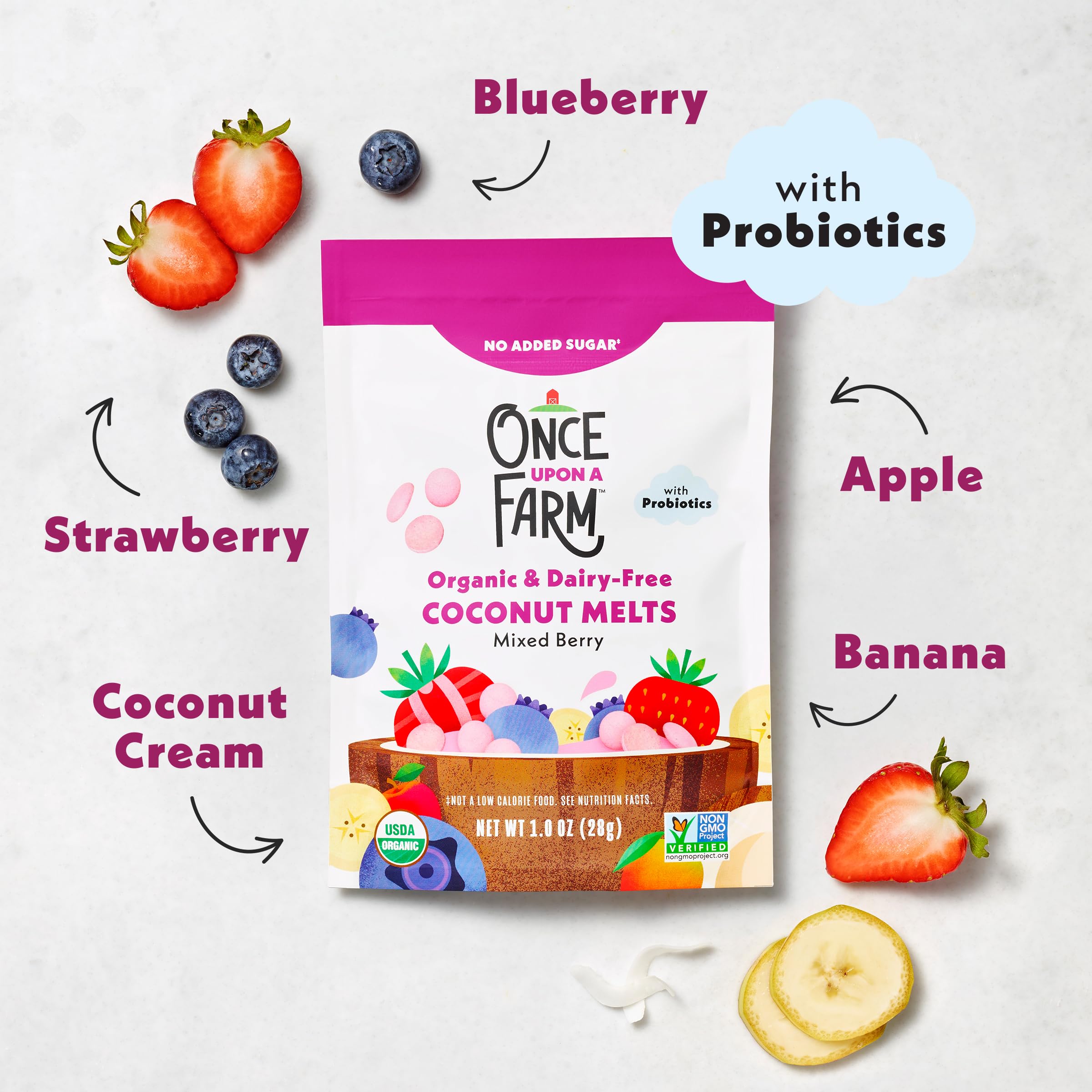 Once Upon a Farm probiotics melts illustration emphasizes gut-friendly snack for growing toddlers