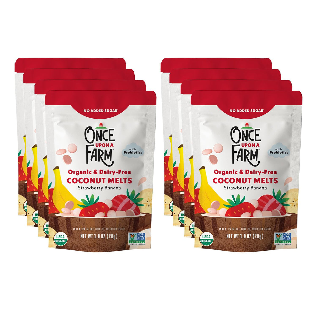 Once Upon A Farm Coconut Melts Strawberry Banana pack front - convenient probiotic snack for toddlers.