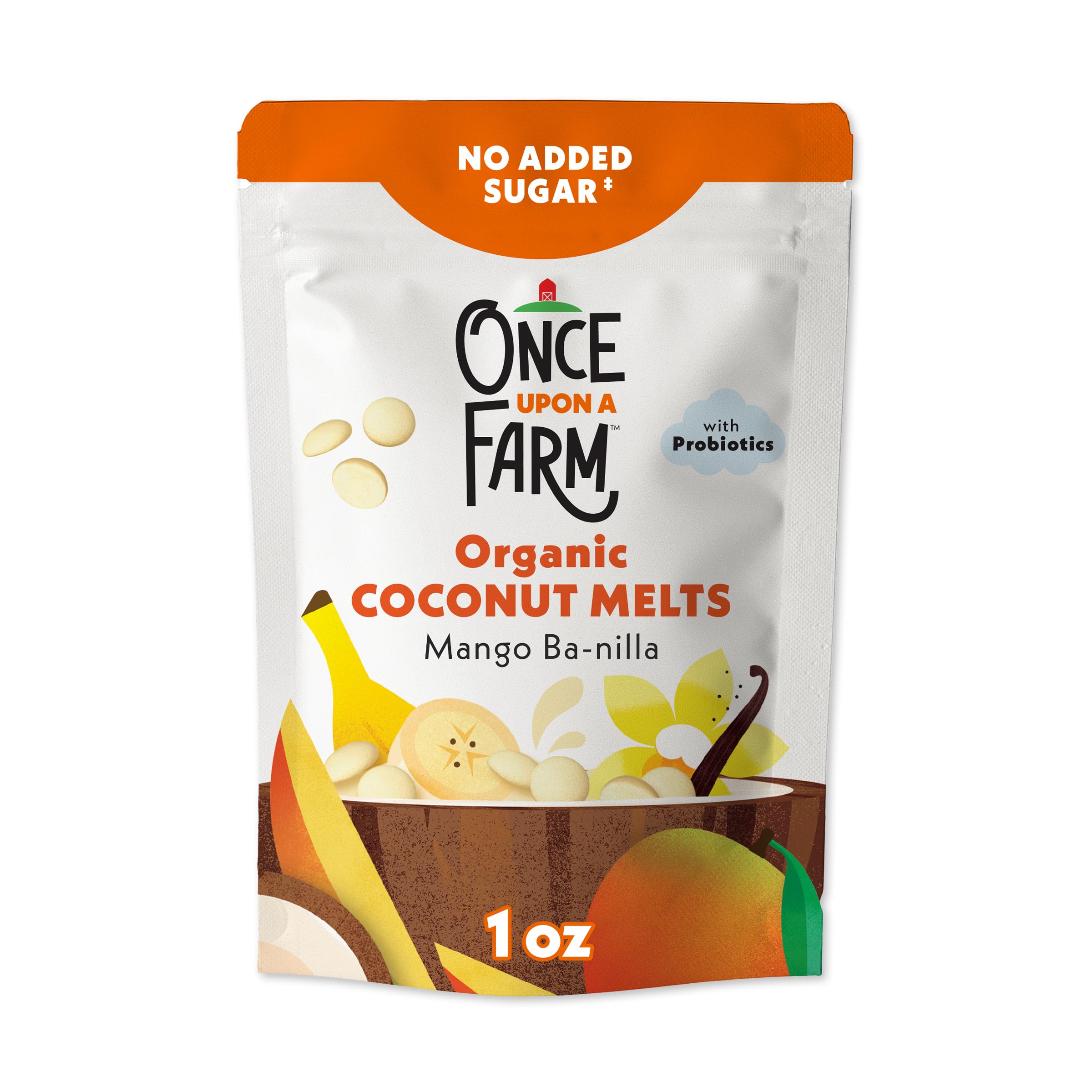 Once Upon a Farm dairy-free, non-GMO label on coconut melts.