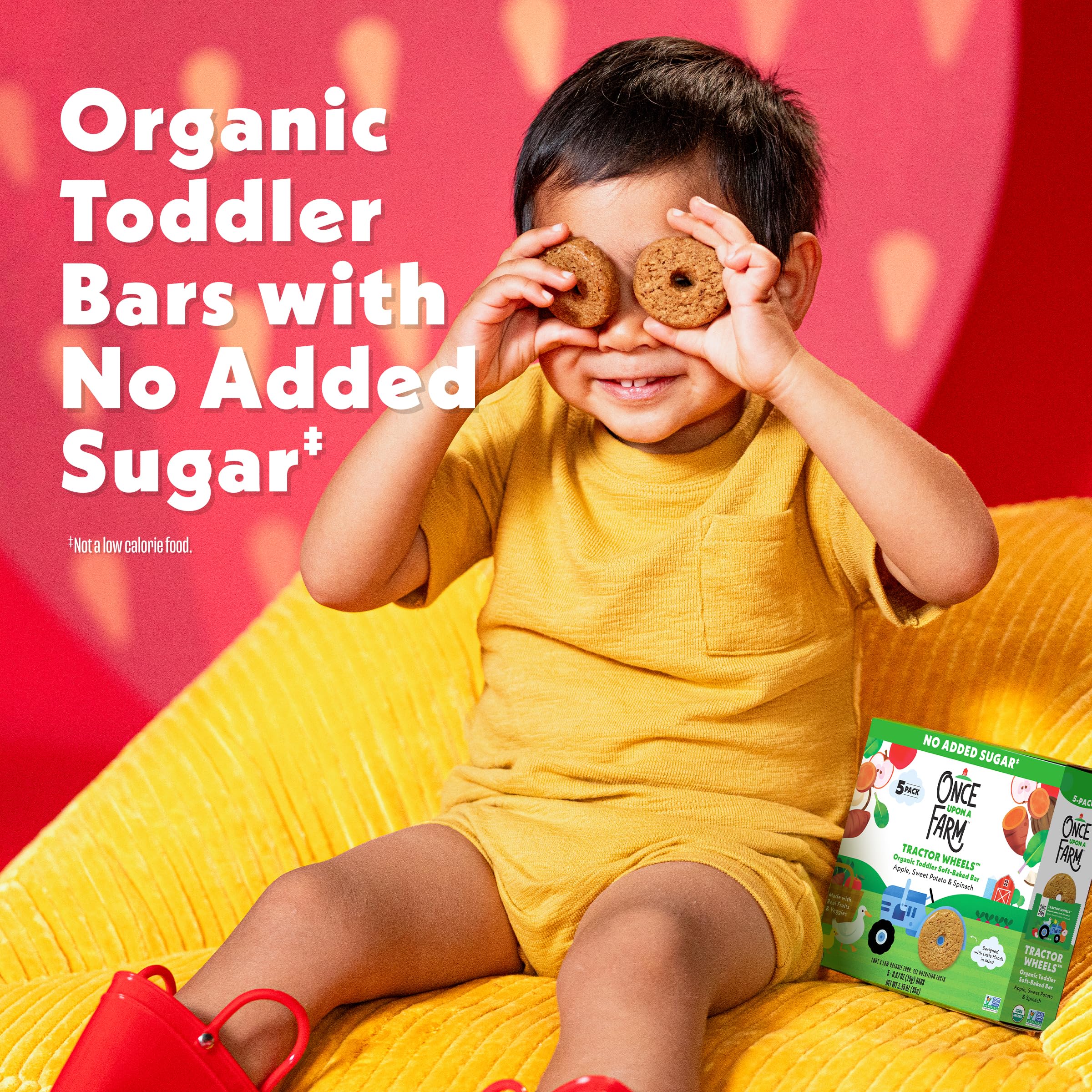 Once Upon a Farm real fruit and veggie blend, vibrant color appeal.