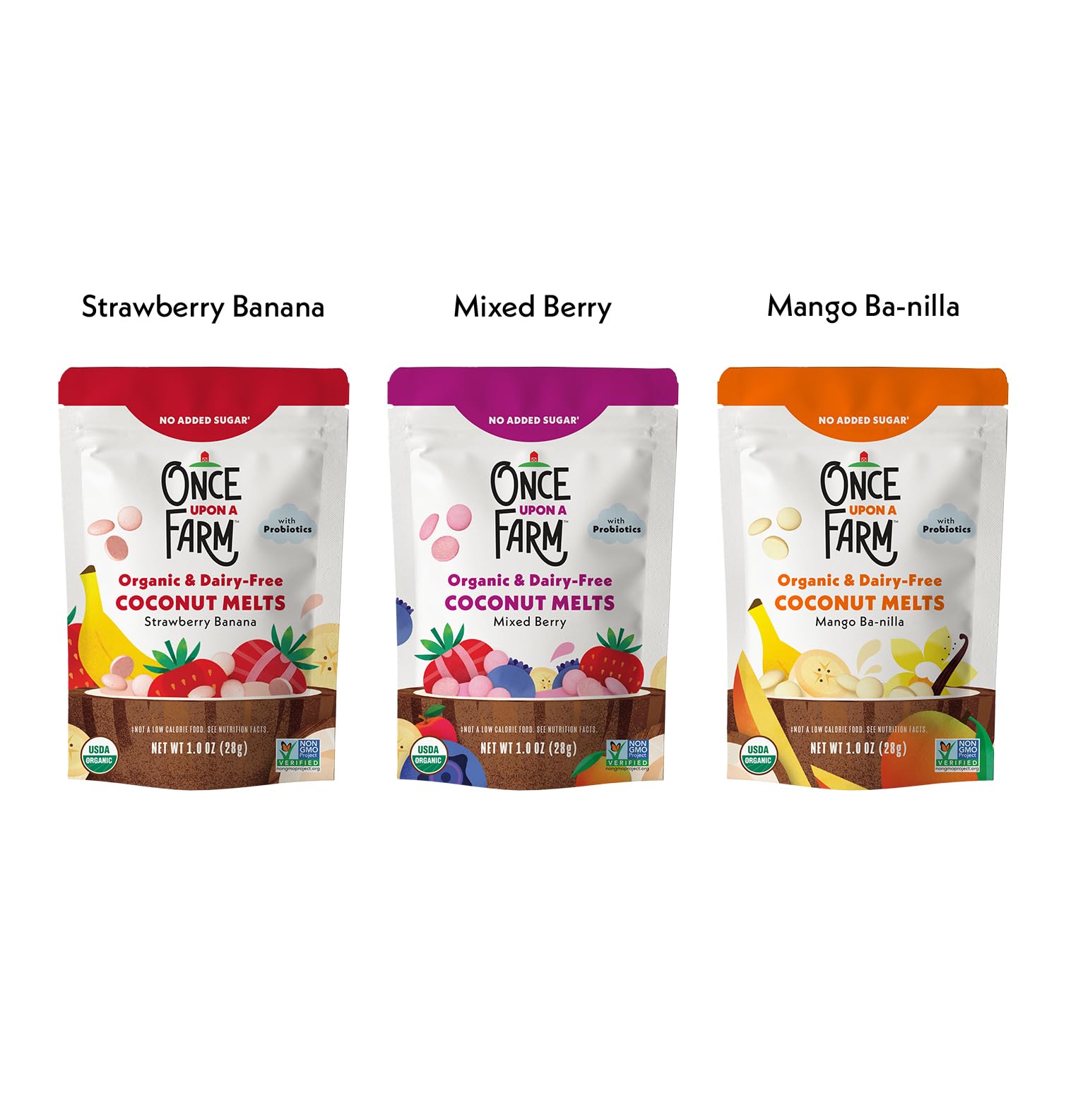 Once Upon a Farm Mango Carrot Coconut Puffs—fruit-veggie flavor adventure.