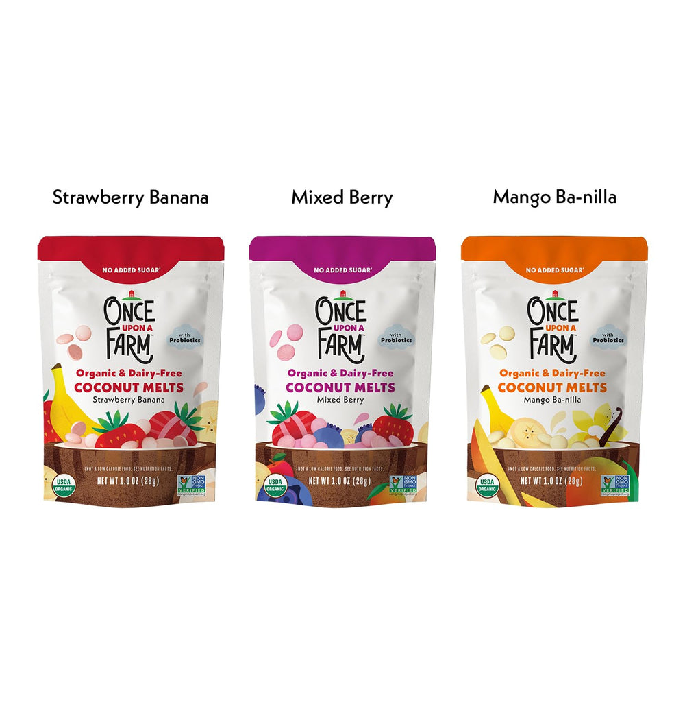 Once Upon a Farm Mango Carrot Coconut Puffs—fruit-veggie flavor adventure.