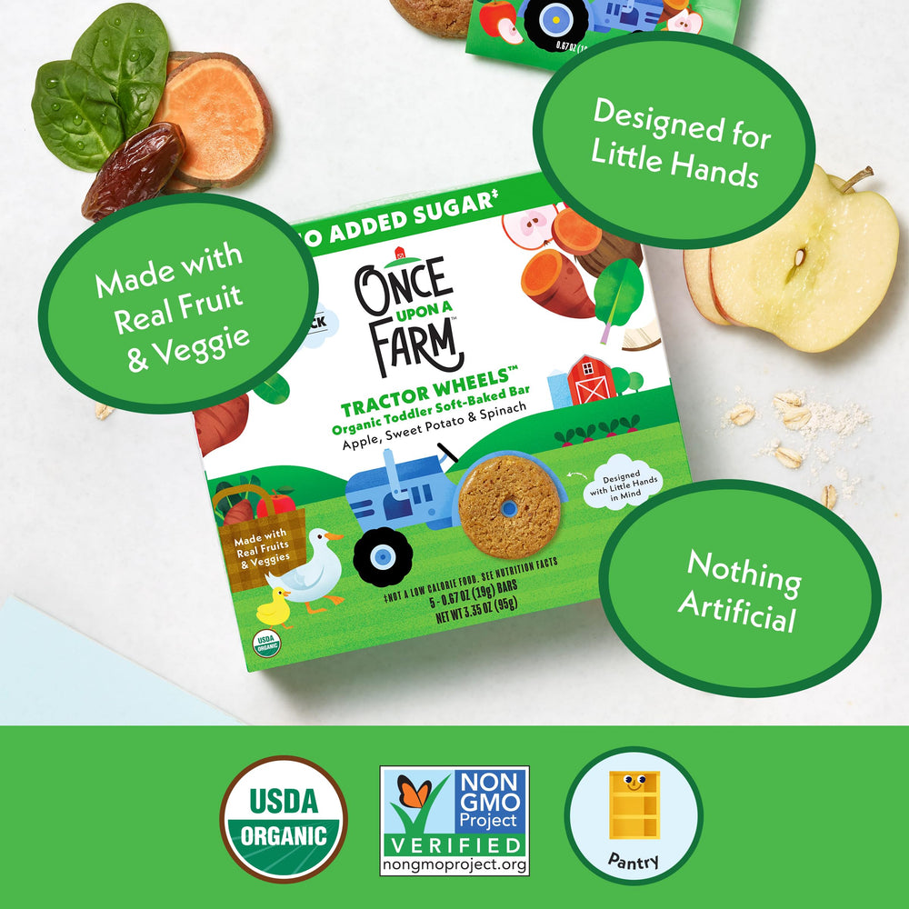 Once Upon a Farm packaging shot, individually wrapped bars for lunchboxes.