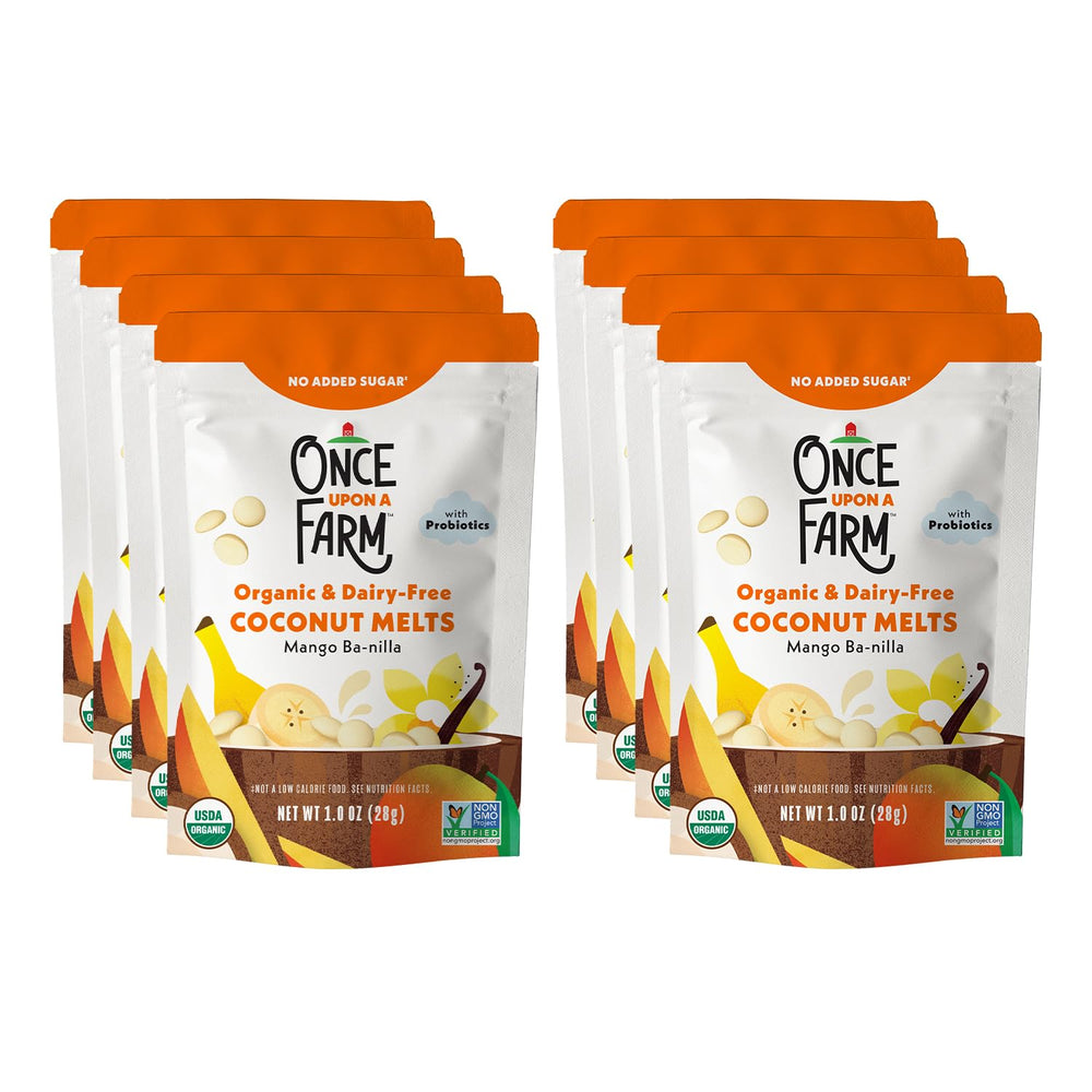 Once Upon a Farm coconut melts mango-ba-nilla packaging close-up showing kid-friendly snack.