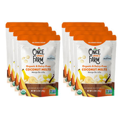 Once Upon a Farm coconut melts mango-ba-nilla packaging close-up showing kid-friendly snack.