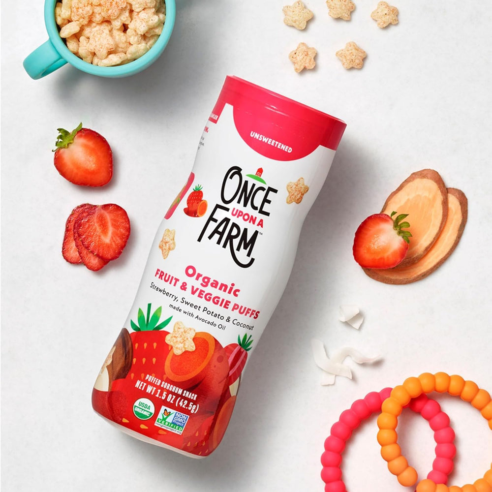 Once Upon a Farm puffs baby-self-feeding-ready for ages 10+ months showcases independent eating.