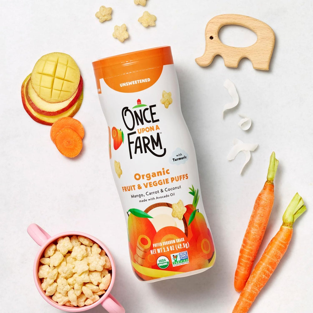 Once Upon a Farm puffs canister-packaging keeps snacks portable and pantry-friendly.