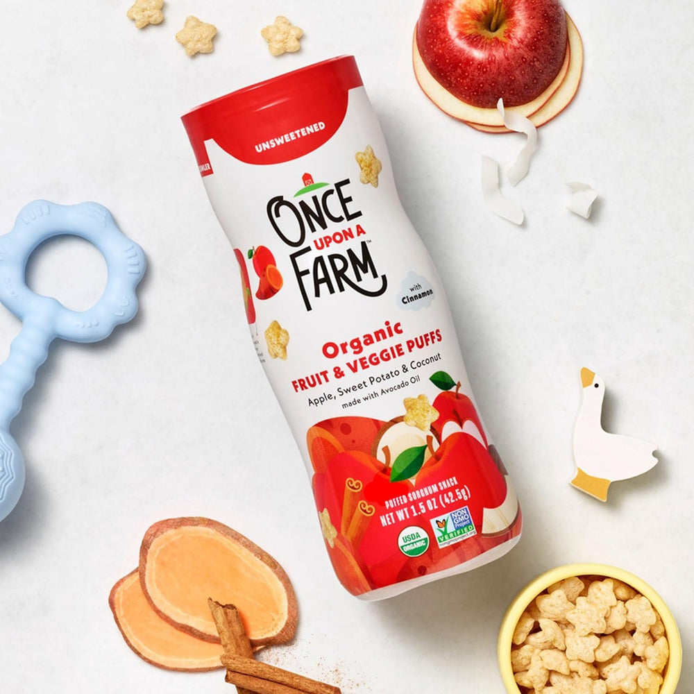 Once Upon a Farm puffs fast-dissolving-texture supports safe self-feeding at meals.