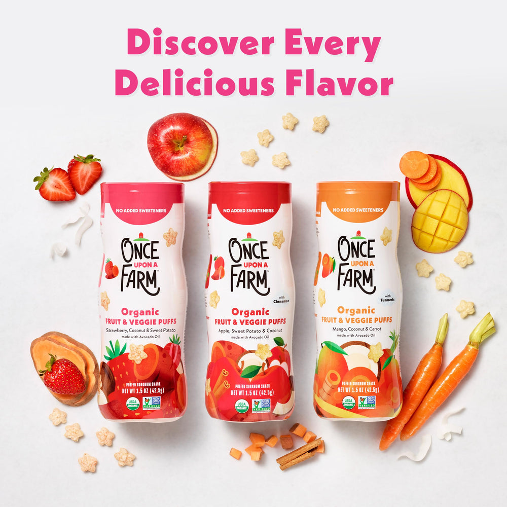 Once Upon a Farm puffs mango-carrot-puff brightens snack time with fruity-vegetable balance.