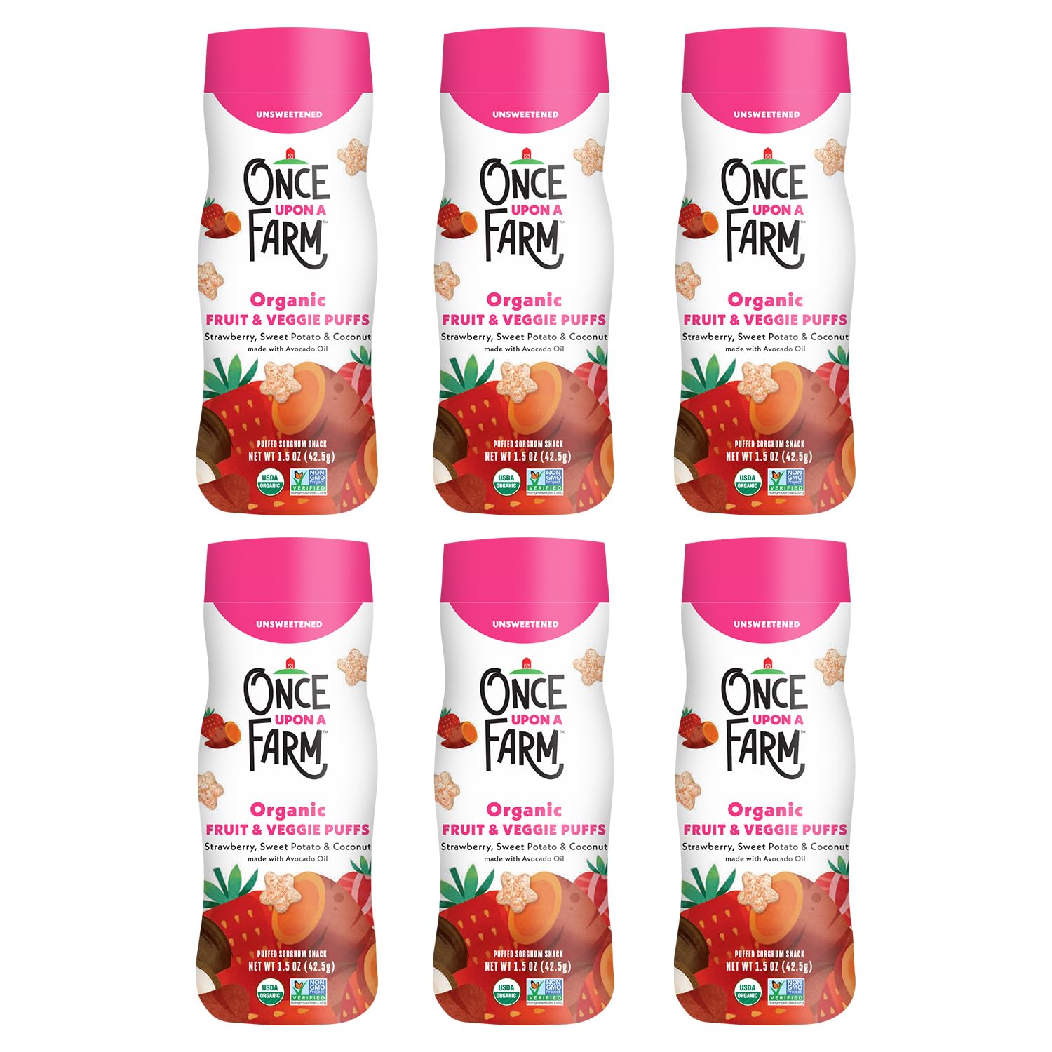 Once Upon a Farm canister of strawberry coconut puff sorghum for pantry grab-and-go.