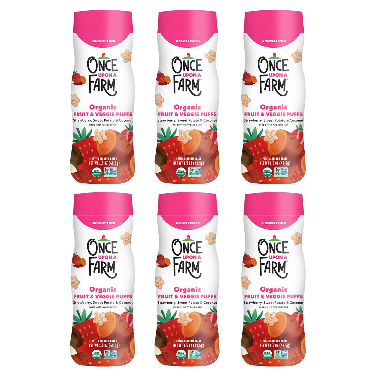 Once Upon a Farm canister of strawberry coconut puff sorghum for pantry grab-and-go.