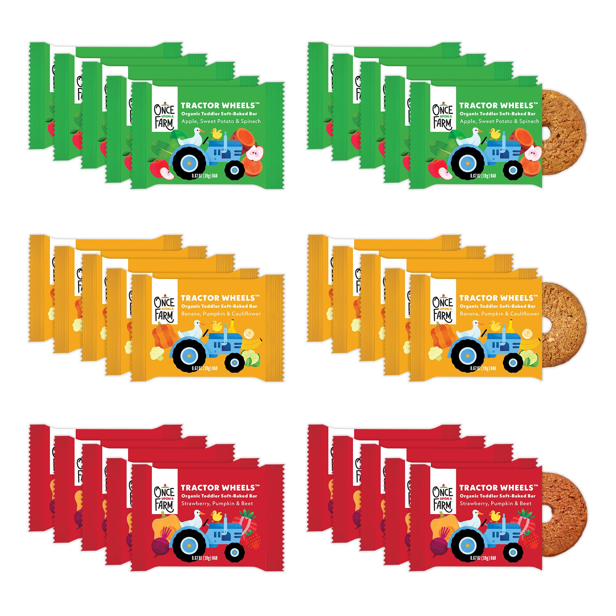 Once Upon a Farm tractor wheels apple bar close-up showing real fruit flavor