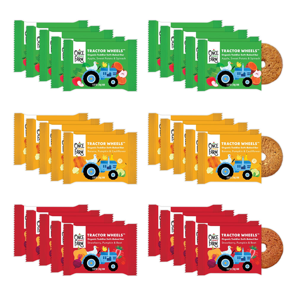 Once Upon a Farm tractor wheels apple bar close-up showing real fruit flavor