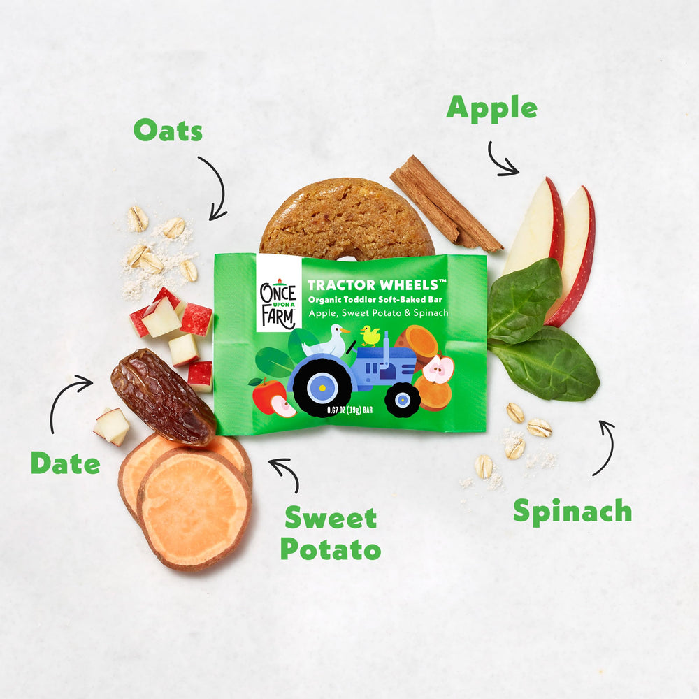 Once Upon a Farm oat-based ingredients photo, whole grains and real fruit.