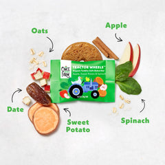 Once Upon a Farm oat-based ingredients photo, whole grains and real fruit.