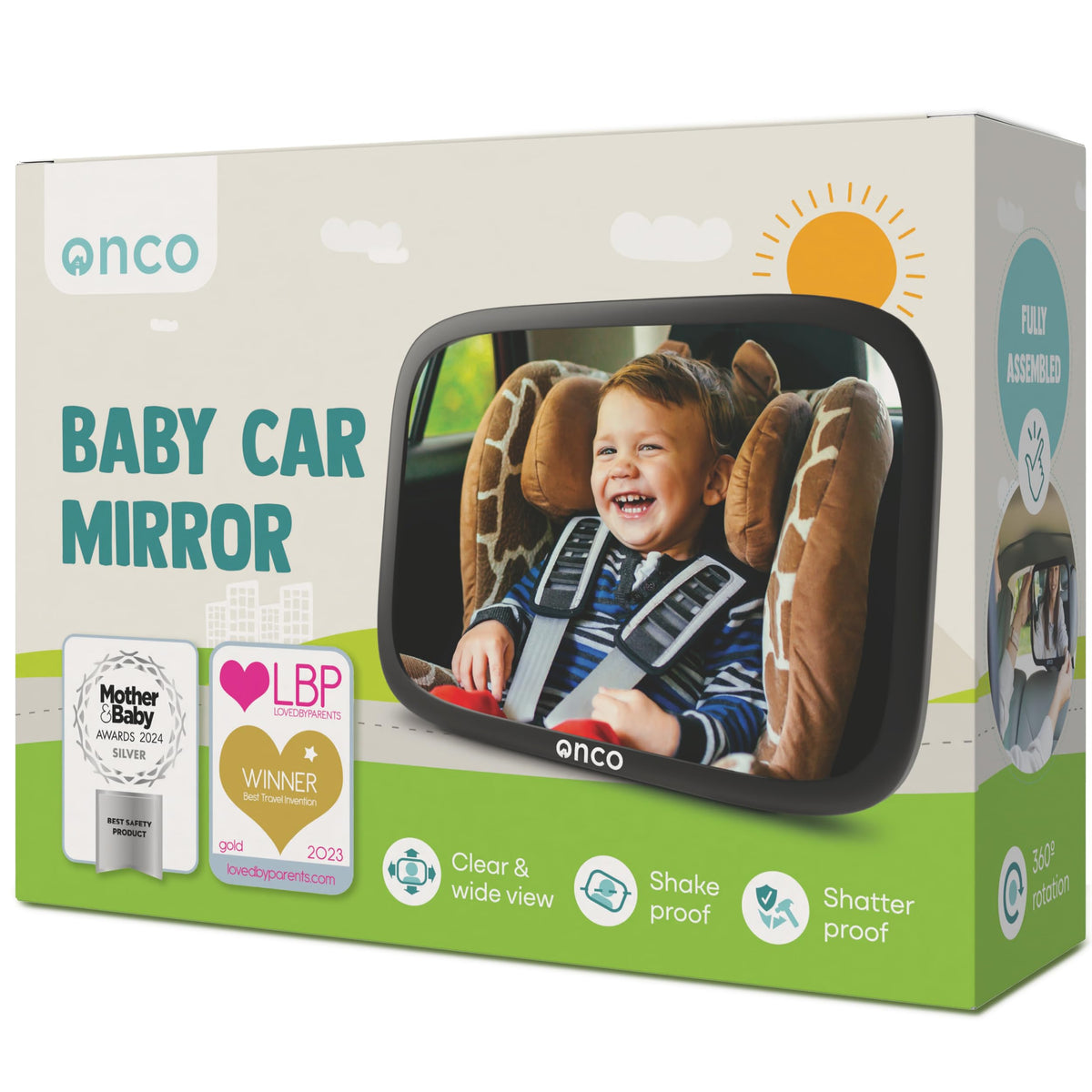 Onco Baby Car Mirror shows the double-award view for confident backseat monitoring during trips.