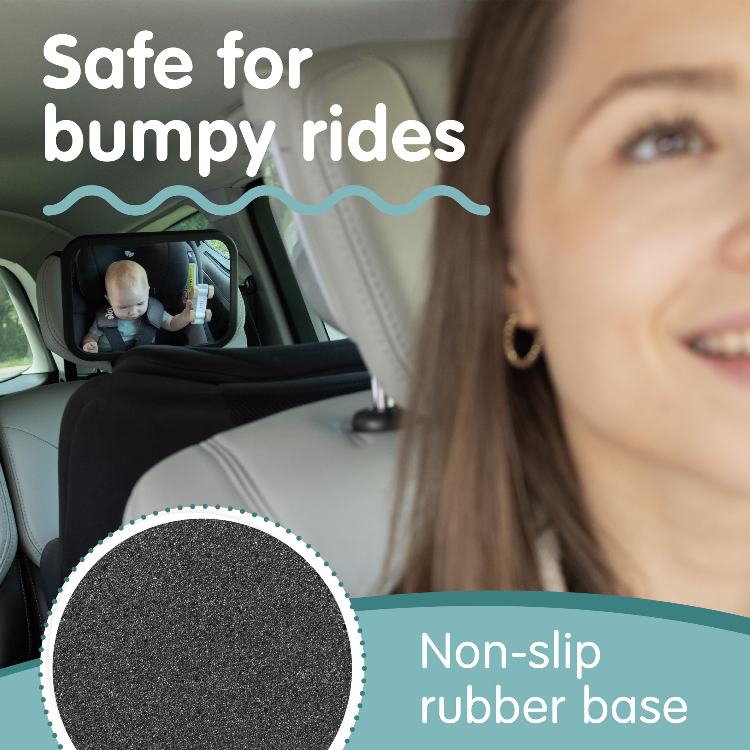 Onco Baby Car Mirror non-slip base and straps keep the mirror secure on bumpy roads.